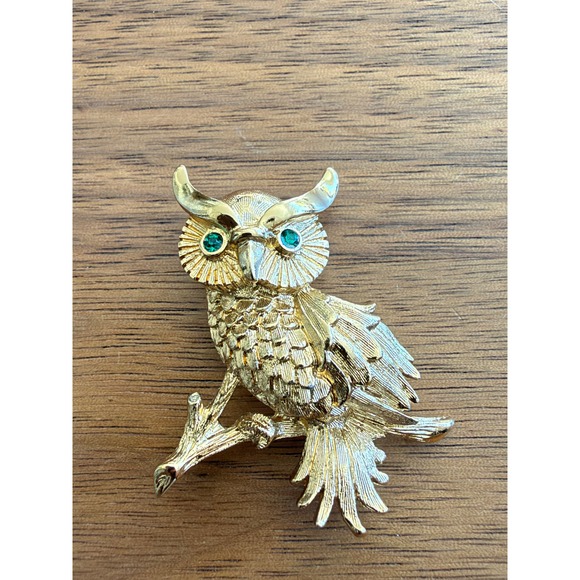 Monet Jewelry - Brooch Vintage Monet Gold Tone Owl Green Rhinestone Eyes Textured Pin